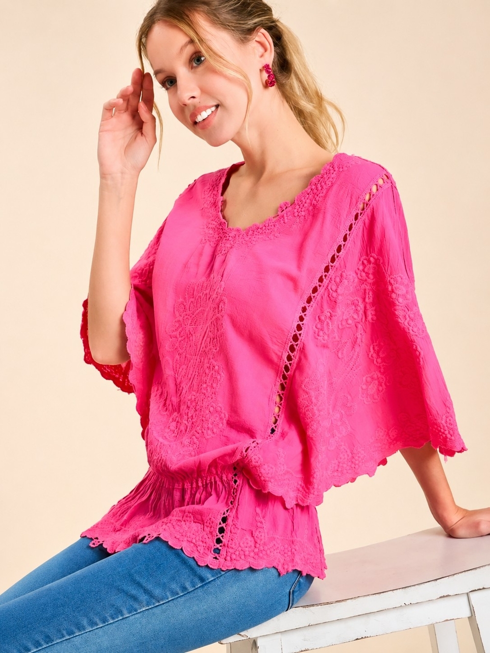 Solitaire Hot Pink Boho Poncho Blouse Floral V-Neck XL